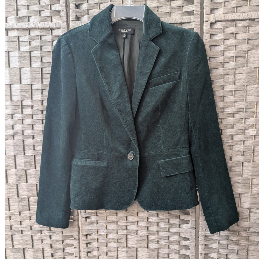 Talbots Blazer Dark Green Velvet Single Button Sz 6 Dark Academia Old Money